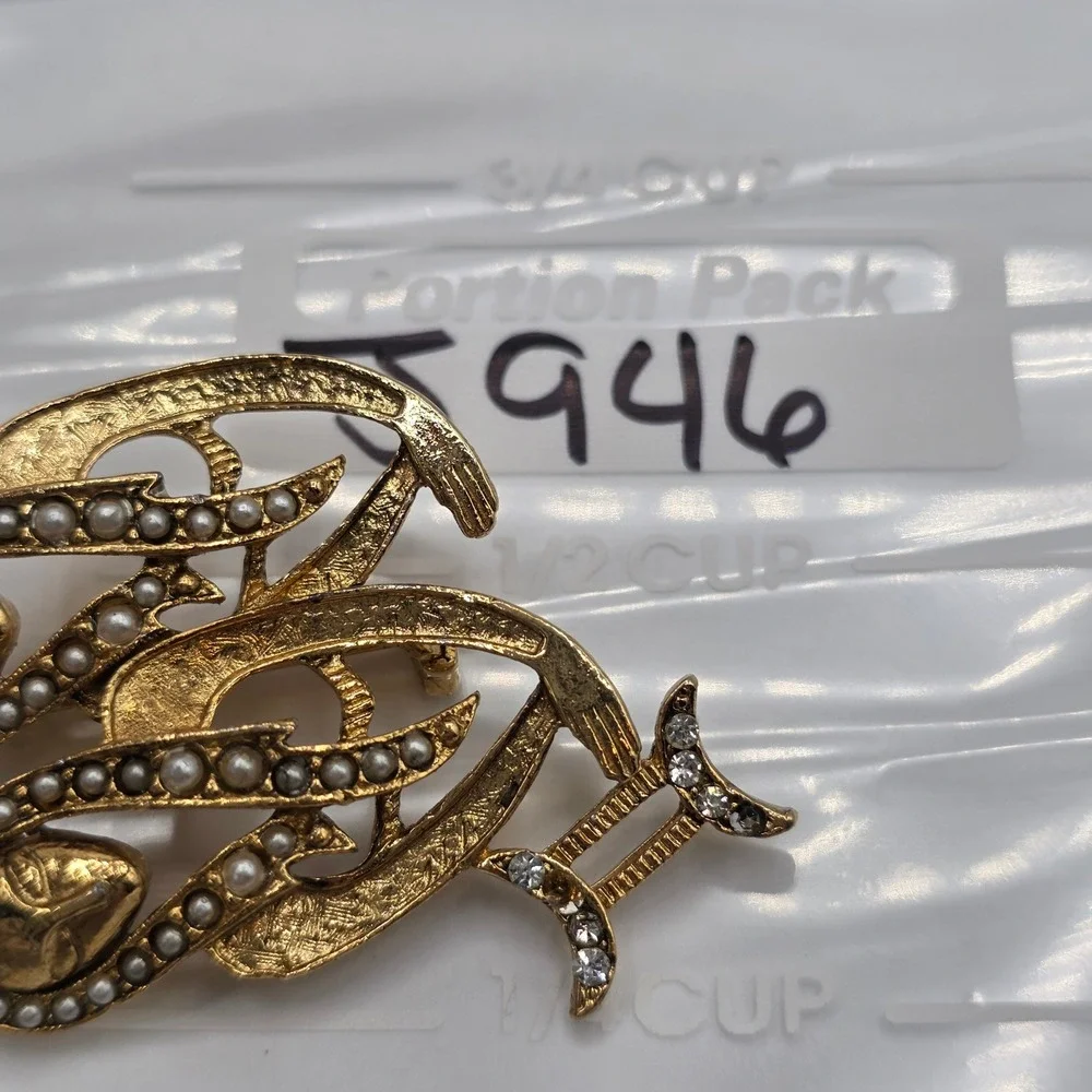Vintage Gemini Zodiac Brooch Gold Tone Faux Pearl Rhinestone Twin Goddess Pin